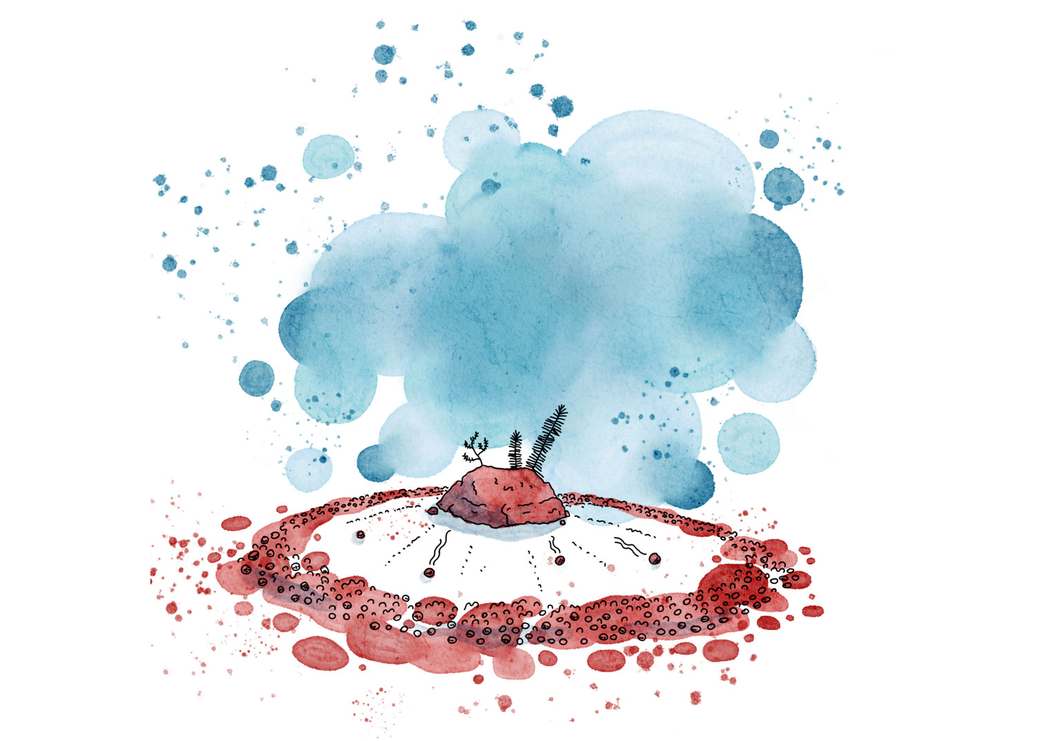 Aquarelle d’un anneau sous-marin et de la vie marine.